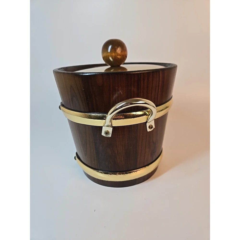 Vintage Kraftware Wood & Metal Barrel Style Ice‎ Bucket 8